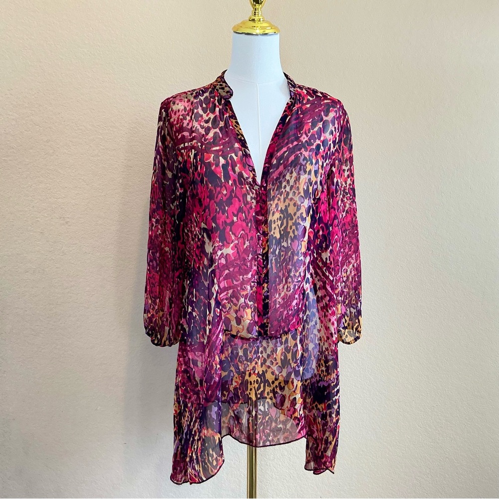 Miraclesuit Semi Shear Top Beach Coverup Womens S Long Sleeve Colorful Geo Print